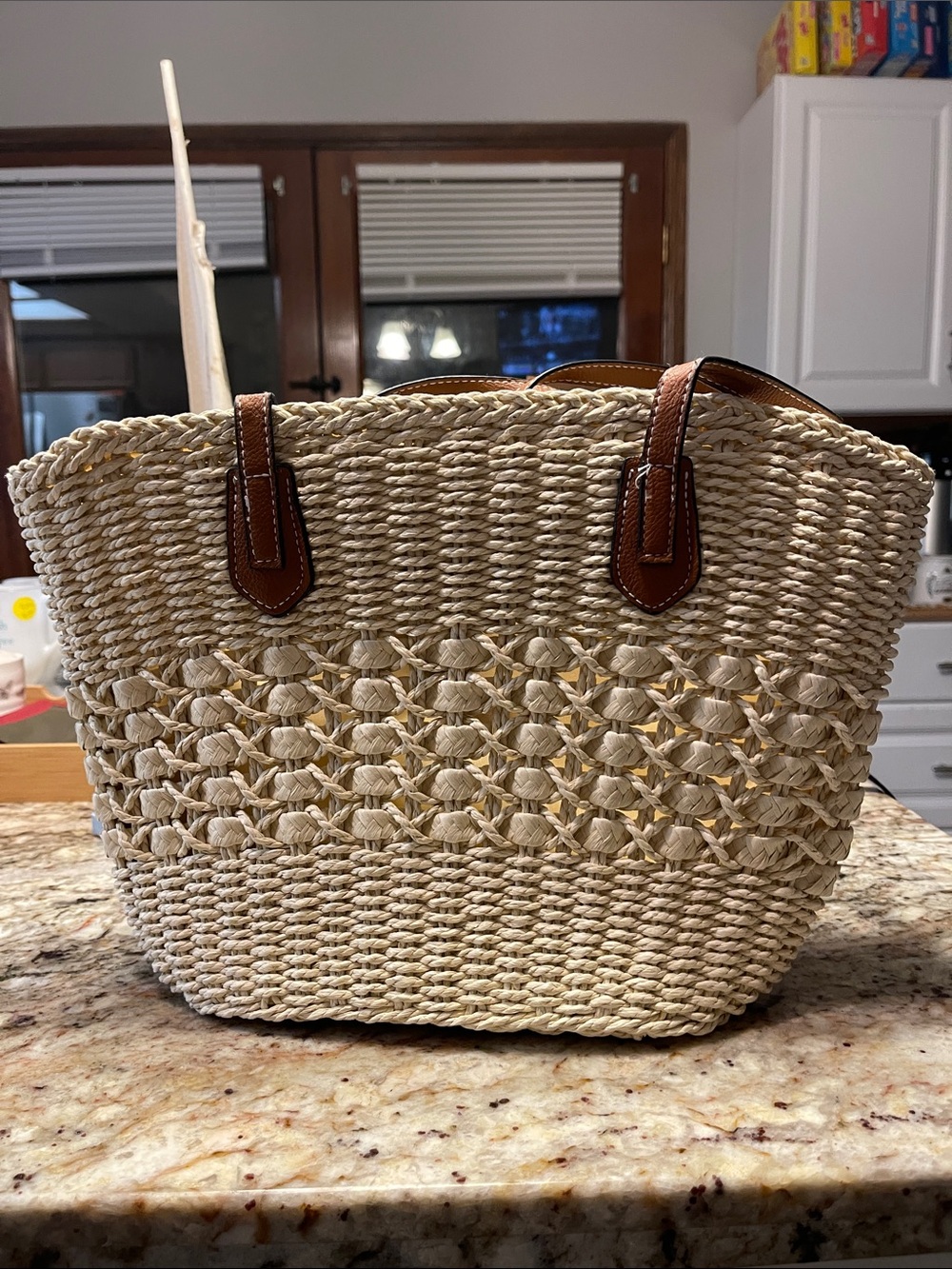 Neutral Woven Straw Tote with Brown Handles